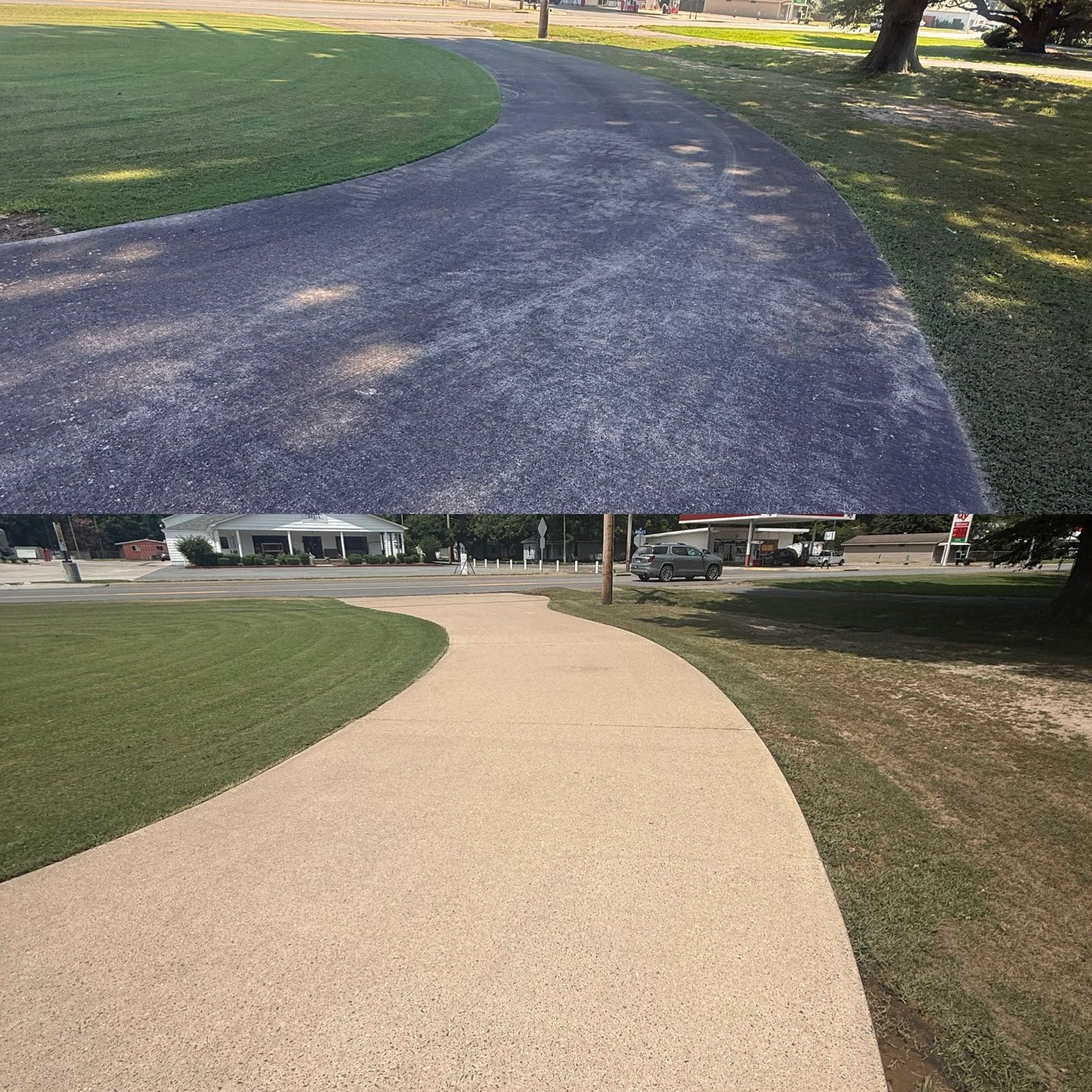 Before and after pressure washing a curved concrete driveway