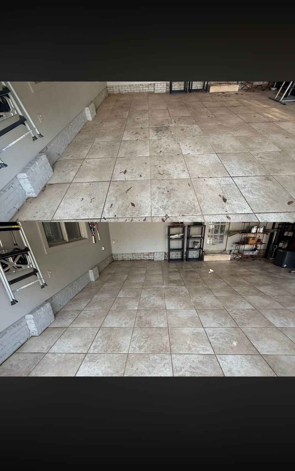 Before and after pressure washing a tiled garage floor