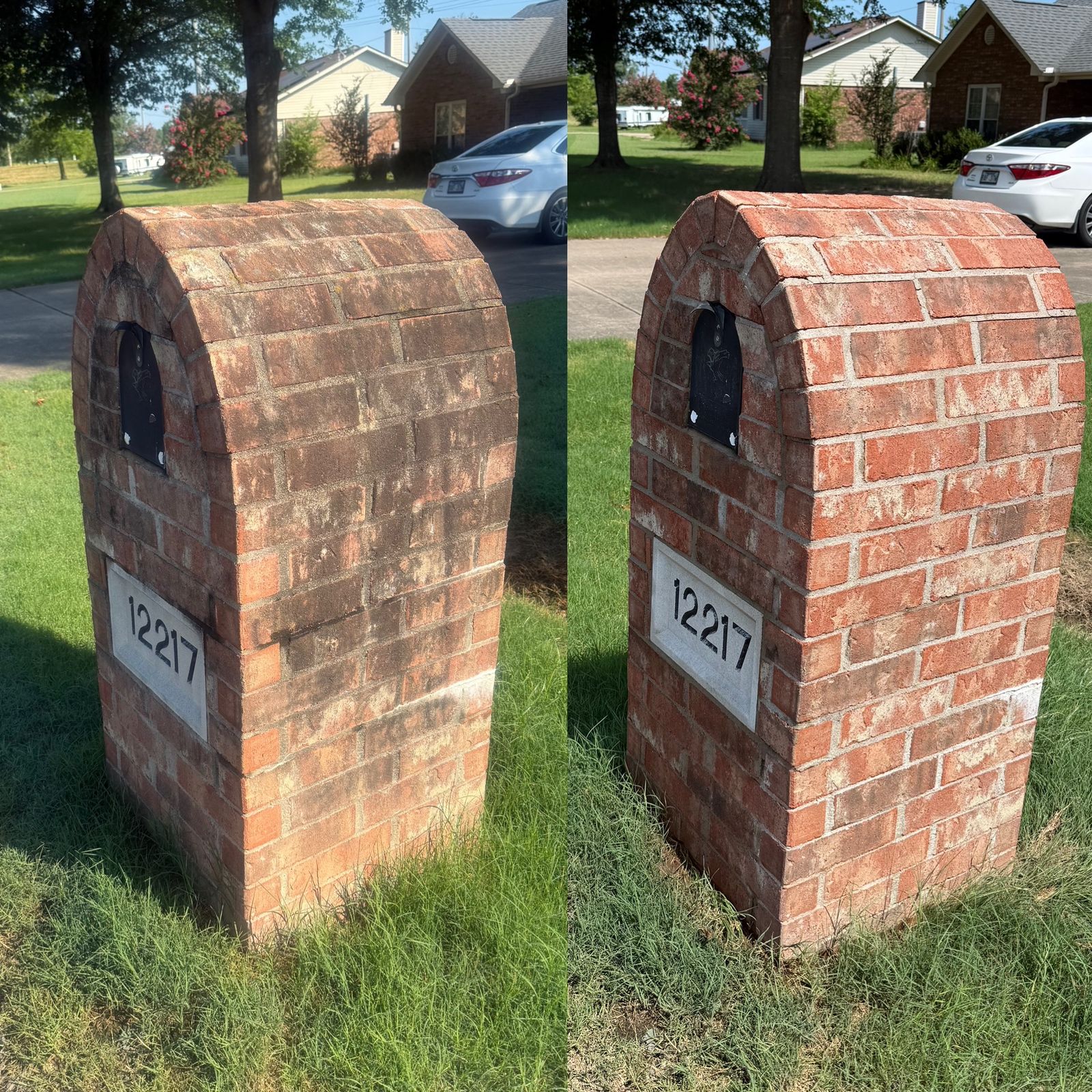 Before and after pressure washing a brick mailbox