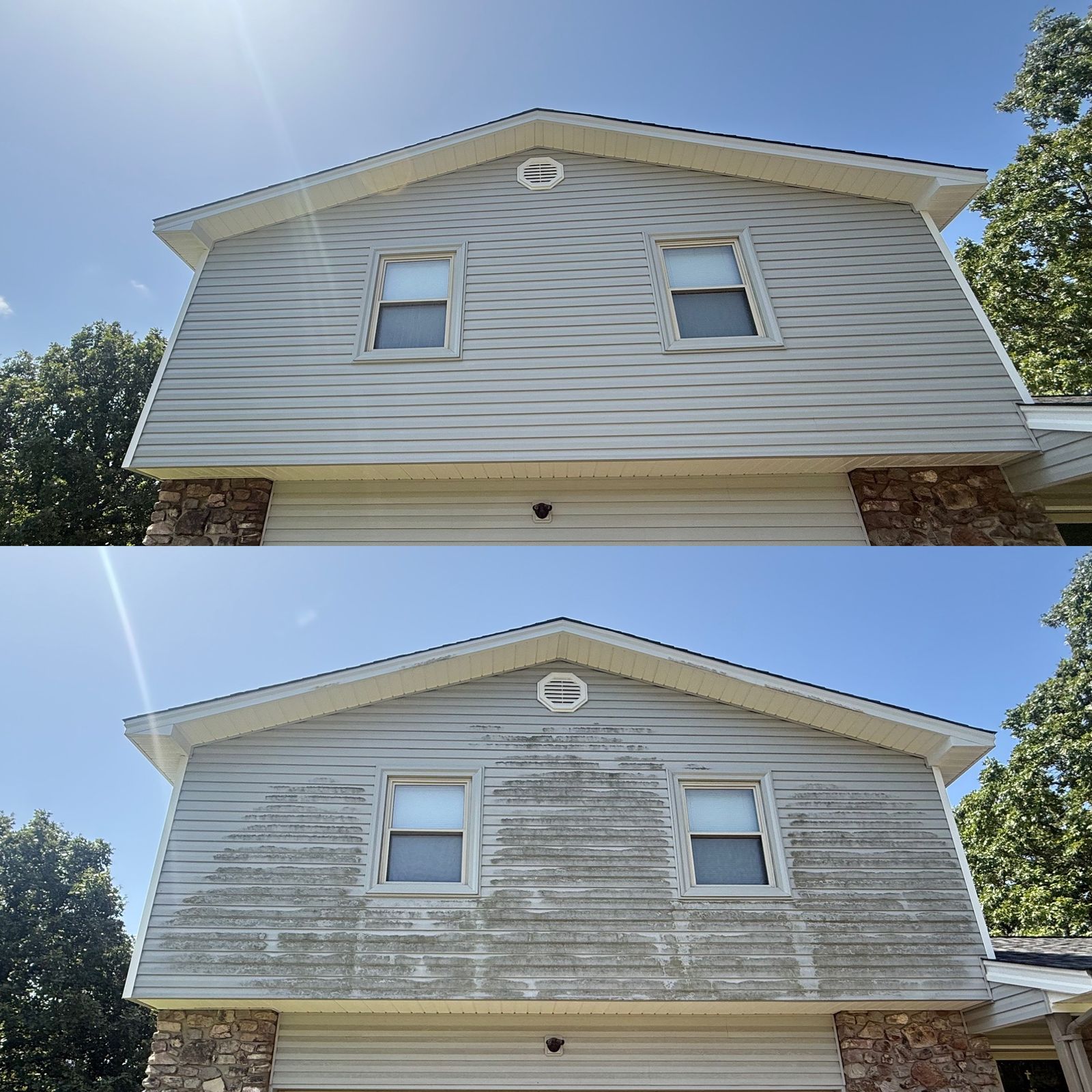 Before and after soft washing vinyl siding